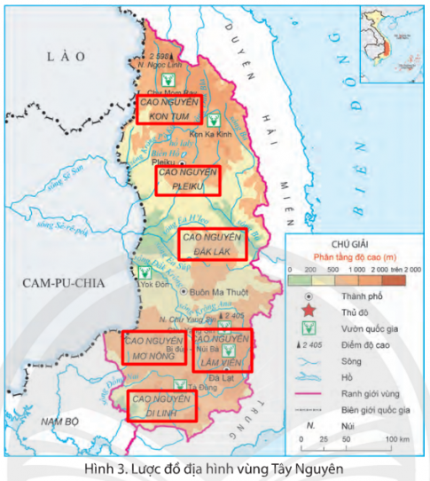 Dựa vào bảng 1, quan sát hình 3 và đọc thông tin, em hãy: - Xác định trên lược đồ vị trí của các cao nguyên của vùng Tây Nguyên  - Nêu tên các cao nguyên. Cao nguyên nào cao nhất và thấp nhất?