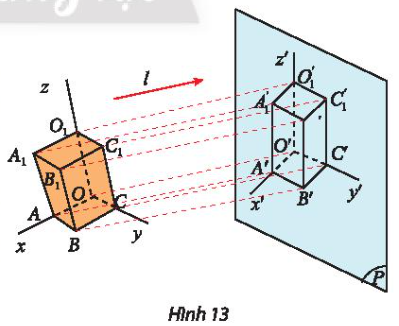  Tìm ảnh của hình hộp chữ nhật OABC. $O_{1}A_{1}B_{1}C_{1}$ và ảnh của các tia Ox, Oy, Oz qua phép chiếu song song theo phương $l$ lên mặt phẳng (P).