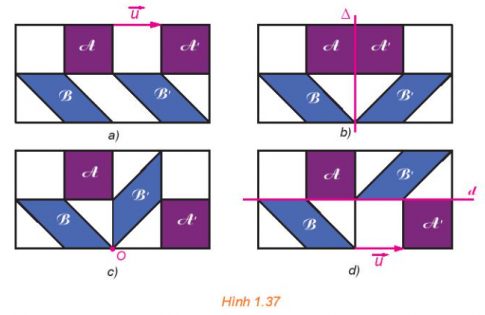 Bằng quan sát, hãy chỉ ra trong mỗi hình trong Hình 1.37 một phép dời hình biến hình vuông A thành hình vuông A', đồng thời biến hình bình hành B thành hình bình hành B'. 