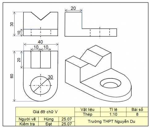  Lập bản vẽ kĩ thuật trên khổ giấy A4 gồm ba hình chiếu và các kích thước của chi tiết cơ khí "Giá đỡ chữ V" có hình chiếu trục đo như Hình 17.