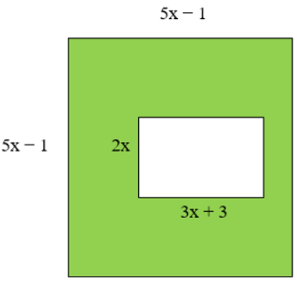 Cho hình vuông bên ngoài có cạnh bằng 5x − 1 và hình chữ nhật bên trong có chiều dài bằng