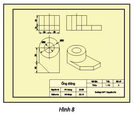 Đọc bản vẽ kĩ thuật trong Hình 8 và dùng các thông tin đọc được để trả lời các câu hỏi sau: