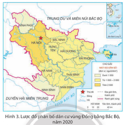   - Kể tên một số dân tộc ở vùng Đồng bằng Bắc Bộ.  - Xác định trên lược đồ các khu vực có mực độ dân số dưới 1000 người/km², từ 1000 - 2000 người/km² và trên 2000 người/km² của vùng Đồng bằng Bắc Bộ.  - Giải thích vì sao vùng Đồng bằng Bắc Bộ có dân cư tập trung đông đúc.