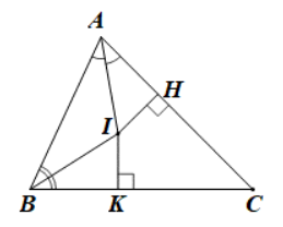 Cho hình vẽ sau:    Biết I là giao điểm của 3 đường phân giác trong tam giác ABC và IH = 2 cm. Độ dài đoạn thẳng IK là?