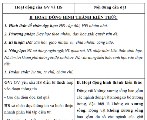 Giáo án VNEN bài Động vật không xương sống (T2)