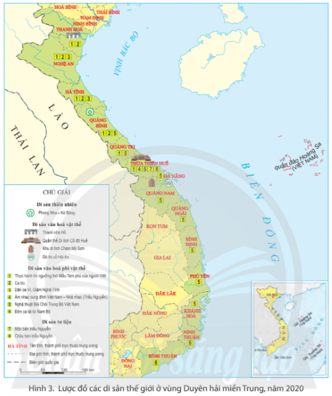Quan sát hình 3, em hãy xác định vị trí các di sản thế giới ở vùng Duyên hải miền Trung