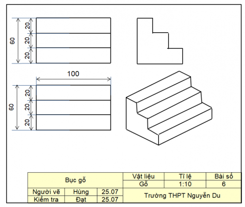 Lập bản vẽ kĩ thuật trên khổ giấy A4 gồm ba hình chiếu và các kích thước của cái bục gỗ có hình chiếu trục đo như Hình 14