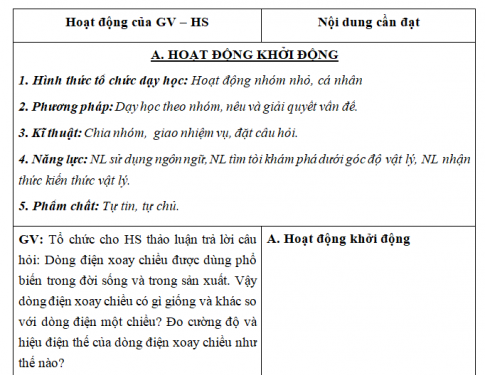 Giáo án VNEN bài Dòng điện xoay chiều (T3)