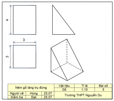 Lập bản vẽ kĩ thuật trên khổ giấy A4 gồm ba hình chiếu và các kích thước của cái "nêm gỗ hình lăng trụ đứng" có hình chiếu trục đo như Hình 12.