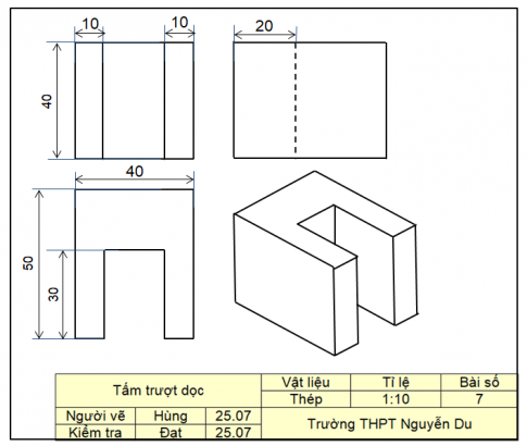 Lập bản vẽ kĩ thuật trên khổ giấy A4 gồm ba hình chiếu và các kích thước của chi tiết cơ khí "Tấm trượt dọc" có hình chiếu trục đo như Hình 15.