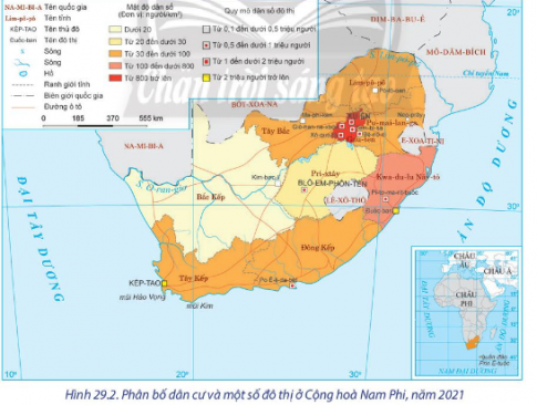   - Nhận xét quy mô, tỉ lệ gia tăng dân số và phân bố dân cư ở Cộng hòa Nam Phi.  - Phân tích tác động của đặc điểm dân cư đến sự phát triển kinh tế- xã hội ở Công hòa Nam Phi.