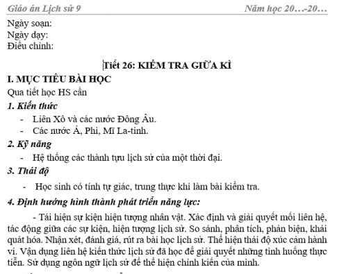 Giáo án VNEN bài Kiểm tra giữa học kỳ I