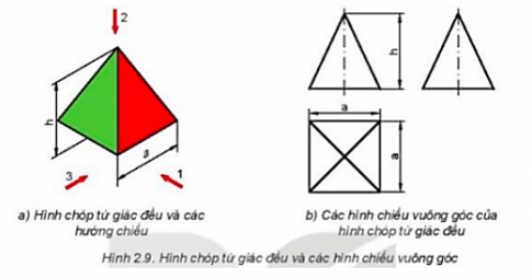  Quan sát Hình 2.9 và nêu đặc điểm các hình chiếu của hình chóp tứ giác đều.