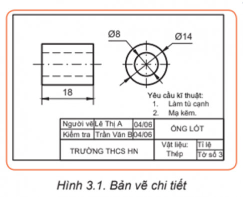  Hình 3.1 là một bản vẽ chi tiết, em hãy cho biết trên bản vẽ đó có những gì?