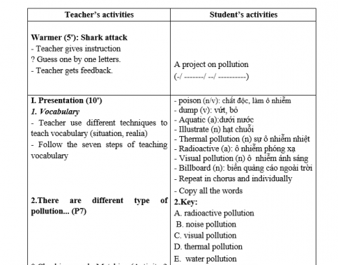 Giáo án VNEN unit 7 Pollution: Getting started