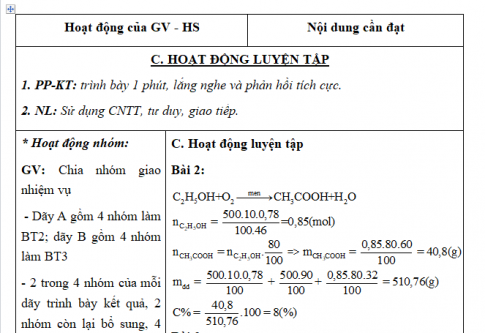 Giáo án VNEN bài Mối liên hệ giữa etilen, rượu etylic và axit axetic (T2)