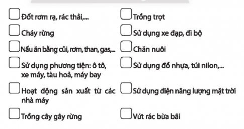 Đánh dấu X vào ô trống trước những hoạt động là nguyên nhân gây ra hiệu ứng nhà kính