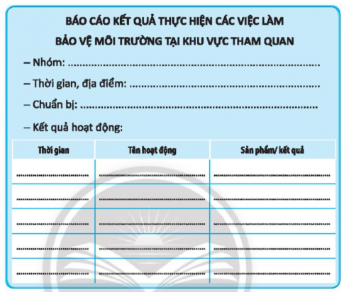 Báo cáo kết quả thực hiện các việc làm bảo vệ môi trường tại khu vực tham quan theo mẫu sau