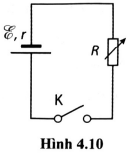 Mạch điện (Hình 4.10) có mạch ngoài là biến trở R. Đóng khoá K, thay đổi R để công suất ở mạch ngoài cực đại. Giá trị của biến trở và công suất cực đại lúc đó là