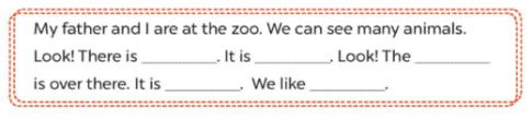 Write what animals you can see at the zoo and what they are doing