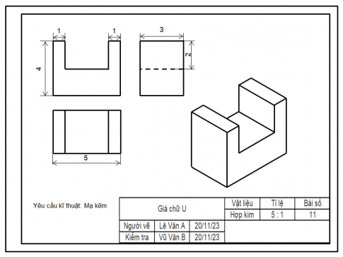 Lập bản vẽ kĩ thuật của vật thể giá chữ U được biểu diễn trên giấy kẻ ô tam giác đều trong Hình 3.46. 