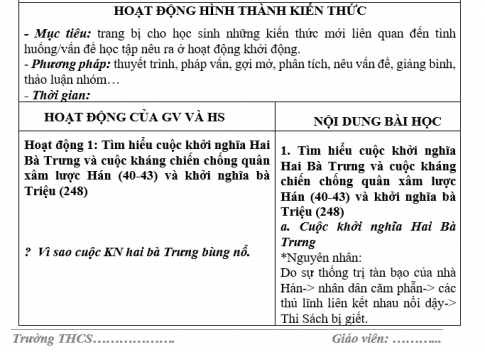 Giáo án VNEN bài Các cuộc đấu tranh giành độc lập tiêu biểu của dân tộc (từ thế kỷ I đến thế kỷ X).