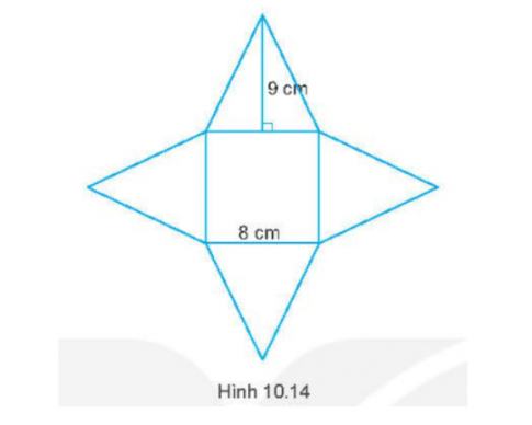 Sau khi cắt và gấp miếng bìa như Hình 10.14 ta được một hình chóp tứ giác đều. Tính diện tích toàn phần của hình chóp tứ giác đều tạo thành.