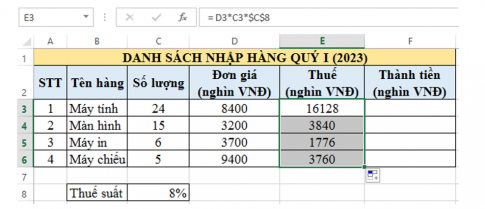 Câu 3: Cho bảng tính sau:   a. Nếu em nhập công thức trong ô E3 là: = D3*C3*C8, sau đó sao chép tới các ô còn lại trong cột E thì có nhận được kết quả đúng như yêu cầu không? Vì sao? b. Em hãy tính tiền thuế cho các mặt hàng biết Thuế = Đơn giá * Số lượng * Thuế suất. c. Em hãy tính cột Thành tiền, biết Thành tiền gồm giá trị đơn hàng và thuế.