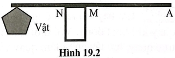 Hình 19.2 mô tả một thanh gỗ đang nằm ngang trên ghế, đầu bên trái của thanh gỗ có buộc một vật.  a) Để nâng vật lên một chút, phải tác dụng lên đầu A một...