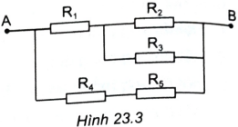  $R_{1}=1\Omega, R_{2} = 20\Omega, R_{3} = 5\Omega, R_{4} = R_{5} = 10\Omega$. Hãy tính điện trở của đoạn mạch AB