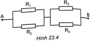 Cho mạch điện như Hình 23.4. Các giá trị điện trở: $R_{1} = 2\Omega, R_{2} = 3\Omega, R_{3} = 4\Omega, R_{4} = 6\Omega$. Hiệu điện thế giữa hai đầu đoạn mạch UAB =18 V.