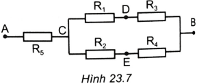  $R_{1} = R_{3} = 3\Omega R_{2} = 2\Omega, R_{4} = 1\Omega, R_{5} = 4\Omega$. Cường độ dòng điện chạy qua mạch chính là I = 3A