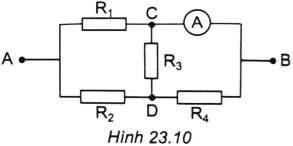  R1 = 15 Ω, R2 = R3 = R4 = 10 Ω. Điện trở của ampe kế và các dây nối không đáng kể.