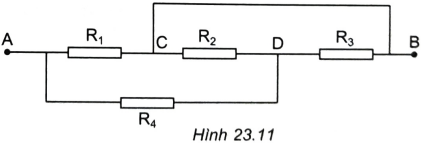 Cho đoạn mạch như Hình 23.11. Tính điện trở của đoạn mạch AB, biết các điện trở có giá trị bằng nhau và bằng R. Biết dây nối có điện trở không đáng kể.