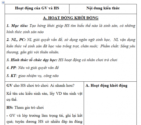 Giáo án VNEN bài Sự sinh sản ở sinh vật (T1)