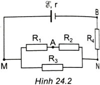 Cho mạch điện có sơ đồ như Hình 24.2. Trong đó: $xi=1,2V , r = 0,5\Omega , R_{1} = R_{3} = 2\Omega ,R_{2} = R_{4} = 4\Omega$. Tính hiệu điện thế giữa hai điểm A, B.