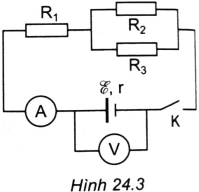 Cho mạch điện có sơ đồ như Hình 24.3. Biết $R_{2} = 2\Omega ,R_{3} = 3\Omega$. Khi K mở, vôn kế chỉ 6 V. Khi K đóng vôn kế chỉ 5,6 V và ampe kế chỉ 2 A.