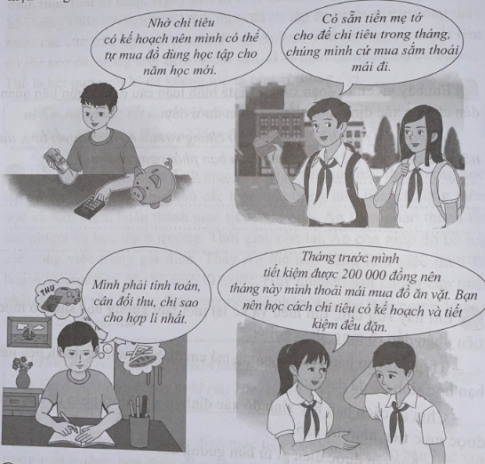 Quan sát các hình ảnh dưới đây và cho biết bạn học sinh nào chi tiêu có kế hoạch. Em hãy làm rõ lợi ích của việc chi tiêu có kế hoạch được thể hiện trong mỗi hình ảnh đó.