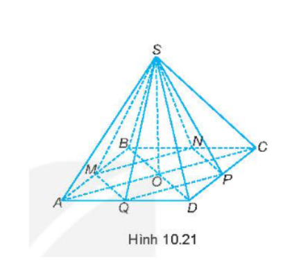  Hình chóp tứ giác đều S.ABCD có thể tích bằng 144 cm. Gọi M, N, P, Q lần lượt là trung điểm của AB, BC, CD, A (H.10.21). Tính thể tích của hình chóp S.MNPQ.