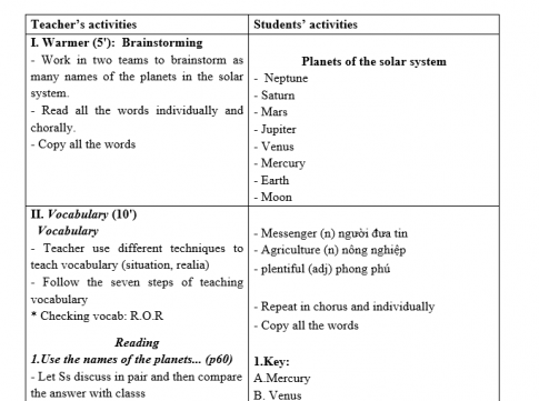 Giáo án VNEN unit 12 Life on other planets: A closer look 1