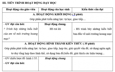 Giáo án VNEN bài Môi trường hoang mạc, vùng núi, biển và đại dương