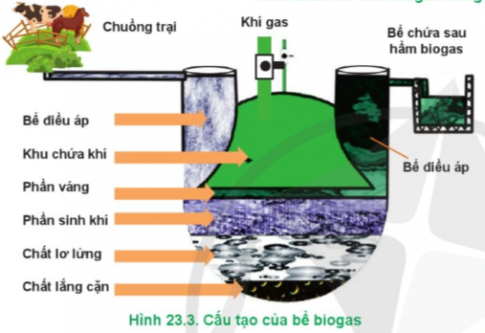 Hãy quan sát hình 23.3 và mô tả cấu tạo của bể biogas. Bể điều áp có vai trò gì?