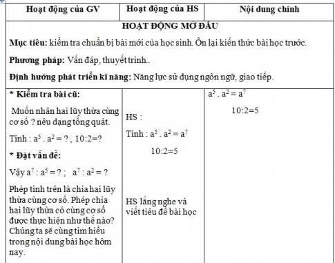 Giáo án PTNL bài Chia hai lũy thừa cùng cơ số