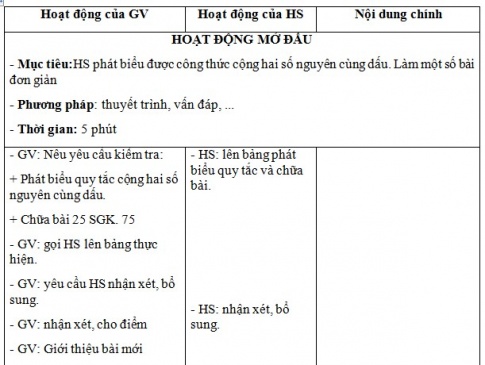 Giáo án PTNL bài Cộng hai số nguyên khác dấu