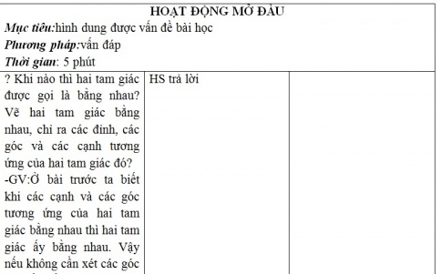 Giáo án PTNL bài Trường hợp bằng nhau thứ nhất của tam giác (c.c.c) (tiếp)