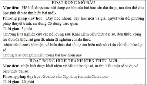 Giáo án PTNL bài Khái niệm về biểu thức đại số