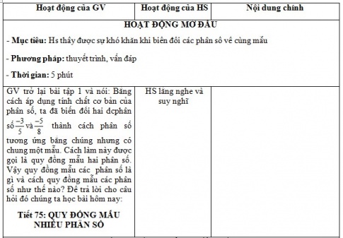 Giáo án PTNL bài Quy đồng mẫu nhiều phân số