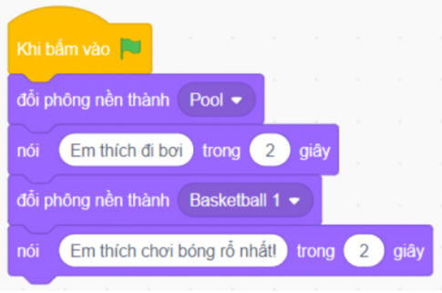 Em hãy tạo một chương trình mà khi nháy chuột vào, nhân vật Mèo sẽ hiển thị bóng nói giới thiệu hai hoạt động thể thao với phông nền minh họa