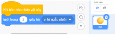 Hãy tạo chương trình có một nhân vật Quả bóng, mỗi khi nháy chuột vào quả bóng, nó sẽ di chuyển từ từ tới vị trí ngẫu nhiên trong 2 giây?