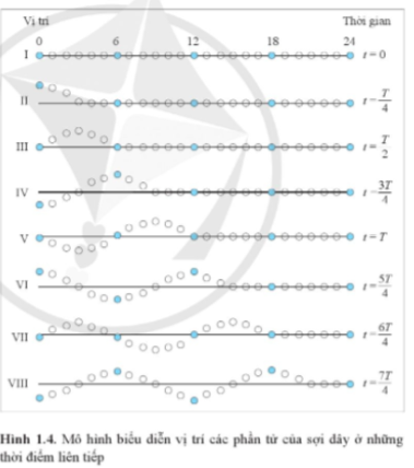 Mô tả chuyển động của phần tử số 0 trên Hình 1.4 trong thời gian từ t = 0  t=T. Từ đó, chỉ ra mối liên hệ giữa khoảng thời gian T biểu diễn trong Hình 1.4 với chu kì dao động của phần tử...